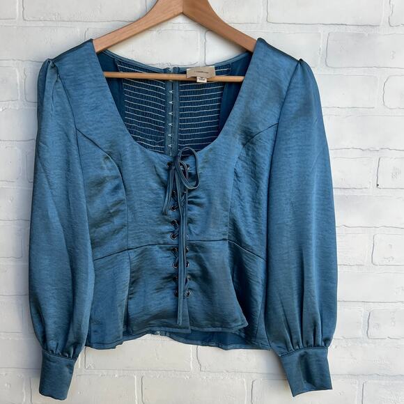 I. Madeline Blue Satin Lace Up Hook and Eye Cuff Sleeves Short Top Blouse -sz M - Picture 1 of 8